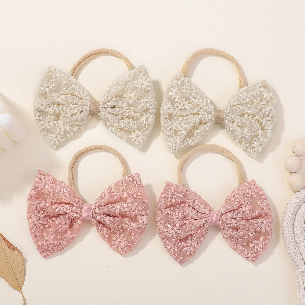 4Pcs 4.5 Inch Big Bows Hair Nylon Band for Baby Rural Style Daisy Embroidery Butterfly Bow Headband Sweet Headdress