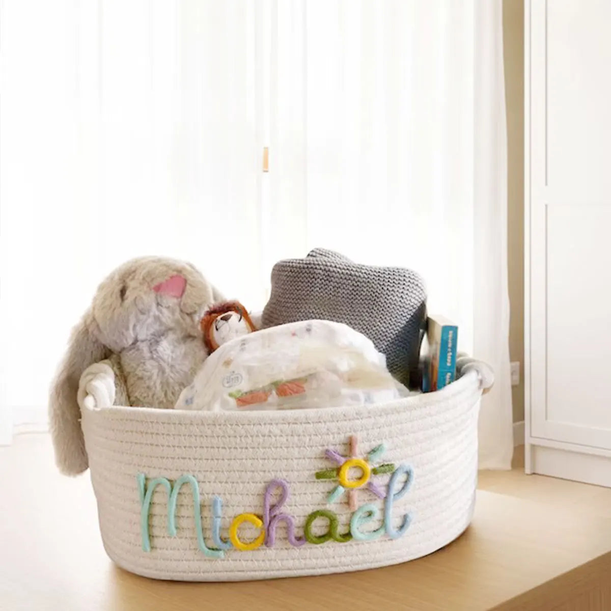 Personalized Cotton Rope Storage Basket with Letter – Handmade Gift & Easter Basket