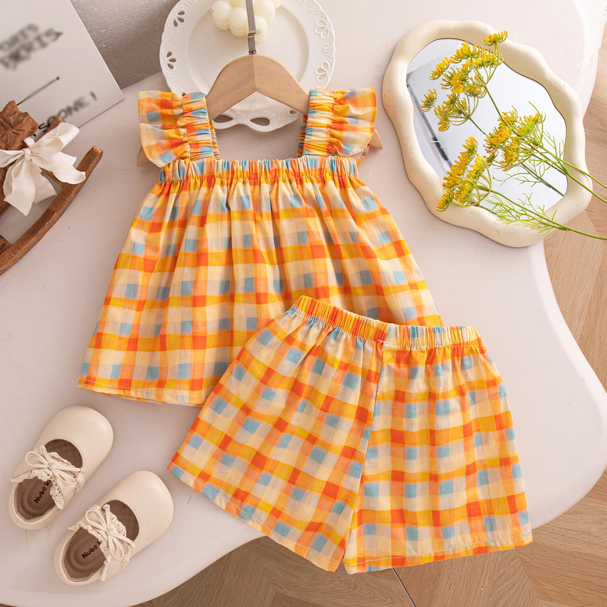 Korean Style Toddler Holiday Sets Summer Comfortable Cotton Orange Bow Plaid Suspender Tops And Breathable Baby Girl Shorts