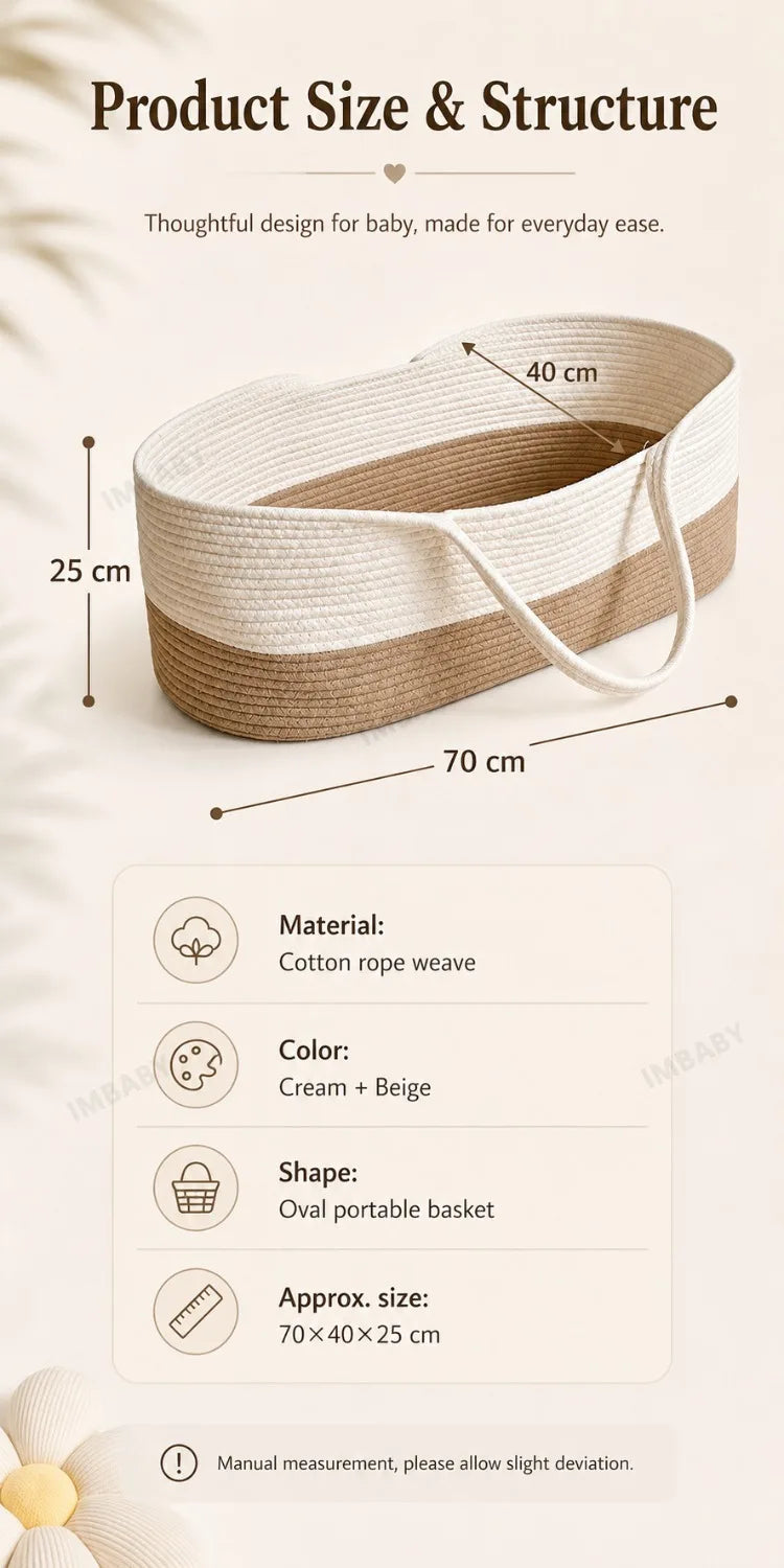 Portable Cotton Rope Baby Moses Basket, Breathable Woven Newborn Sleeping Bed with Handle, 2-in-1 Nursery Storage Organizer