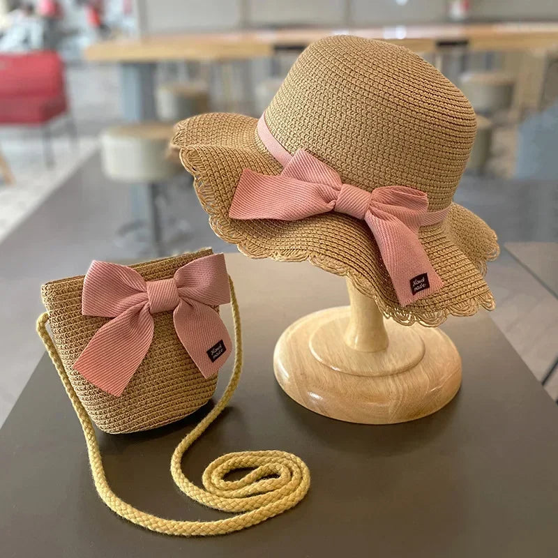 Kids Hat for Girls 2-7Y Straw Children's Sunshade Cap Bag Summer Baby Travel Sunscreen Beach Hat Sun Fisherman Cap Fashion Style