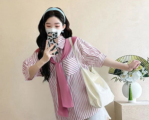 2025 Summer Maternity Pink Puff Sleeve O Neck Bowknot Blouse For Pregnant Women Top