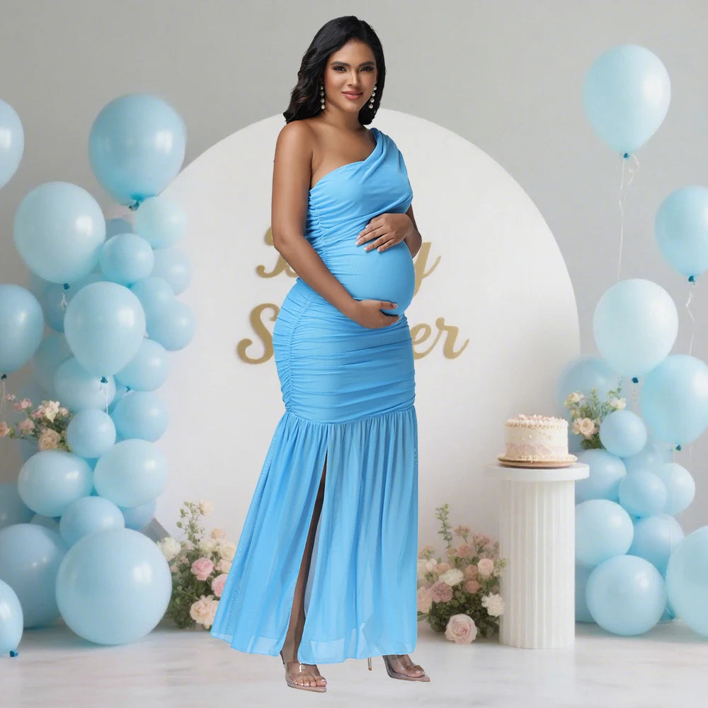 Maternity One Shoulder Sleeveless Dress Rouched Bodycon Side Split Party Evening Gown for Photoshoot Baby Shower