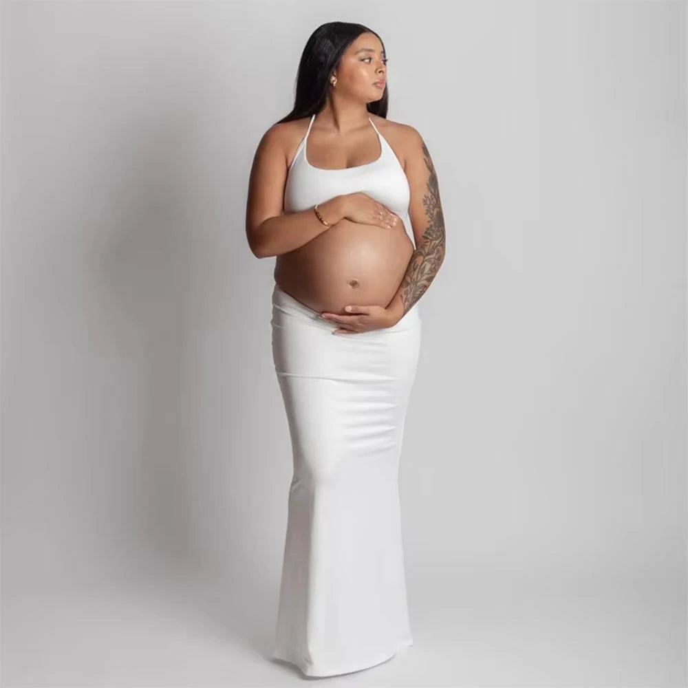 Maternity Summer Photography Dresses Solid Cut Out Waist Open Back Halter Bodycon Long Pregnant Dress For Photoshoot Baby Shower