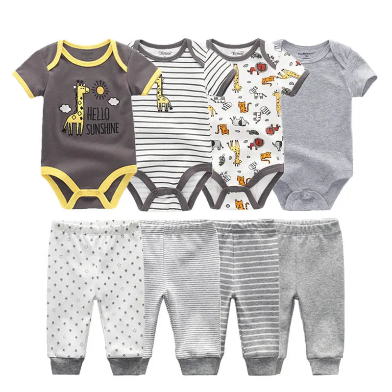 8-Piece Cartoon Baby Bodysuits and Pants Cotton Newborn Unisex Short Sleeve Onesies Trousers 0-12 Months