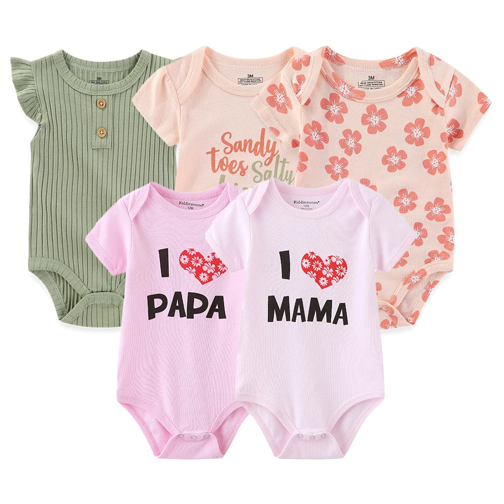 I Love Papa Mama Cartoon Baby Bodysuits 5-Pack Unisex Short Sleeve Onesies 0-12 Months