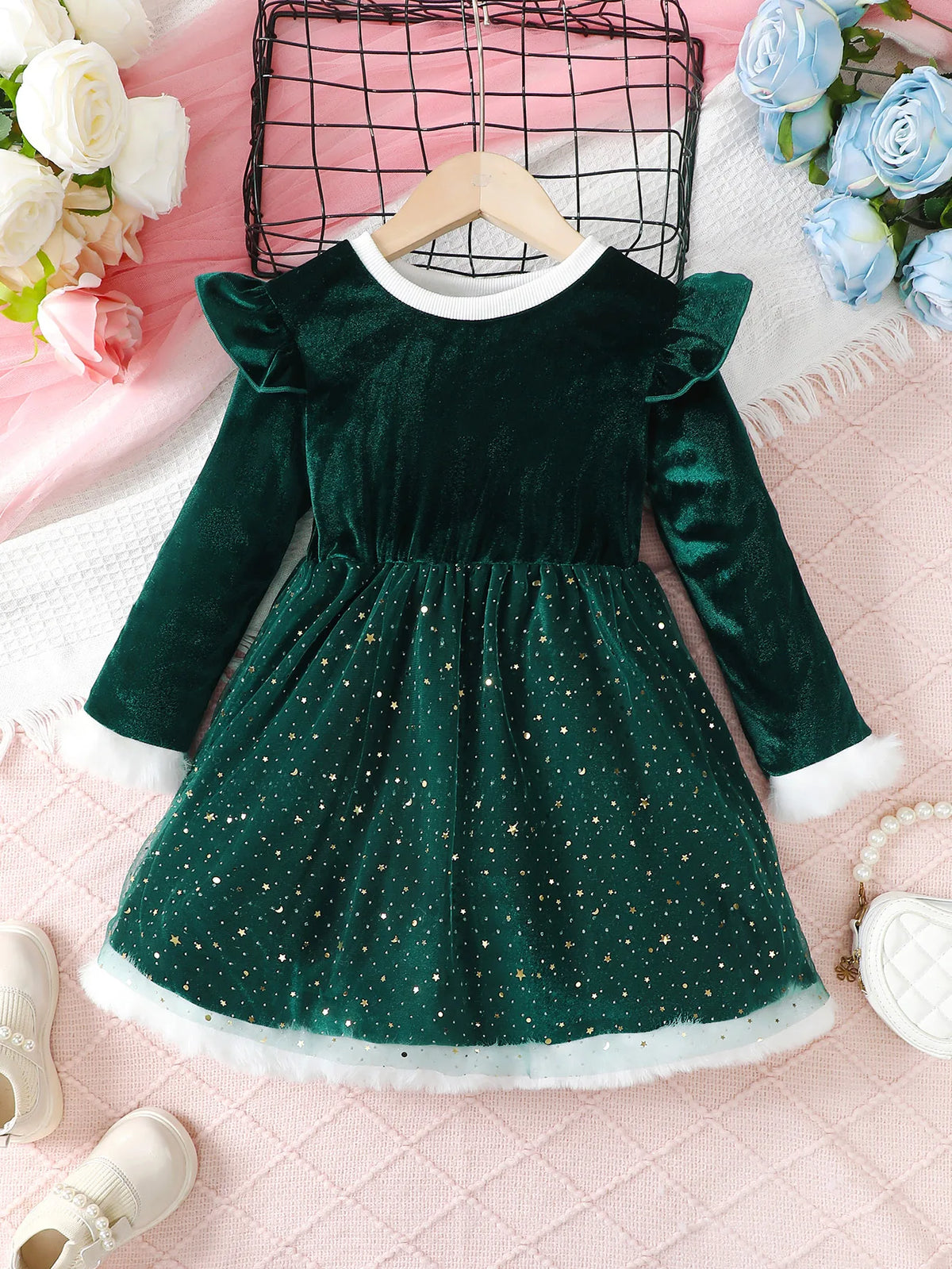 Girls Satin Stars Tulle Ceremonial Dress for Ages 4 to 7 Round Neck Autumn Party Fashion