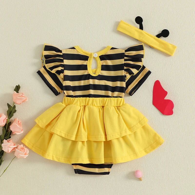 0-18M Newborn Baby Girl Romper Dress Summer Short Sleeve Striped Bee Pattern Tierred Bodysuit with Headband Cute Infant Clothes