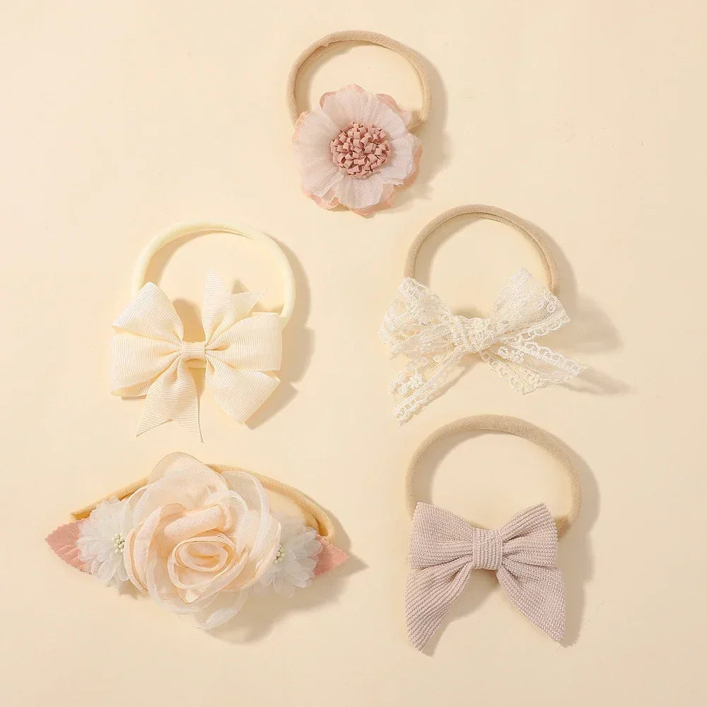 5Pcs Baby Flower Lace Bow Headband Elastic Nylon Newborn Head Band for Girl Infant Toddler Soft Hair Accessories Set