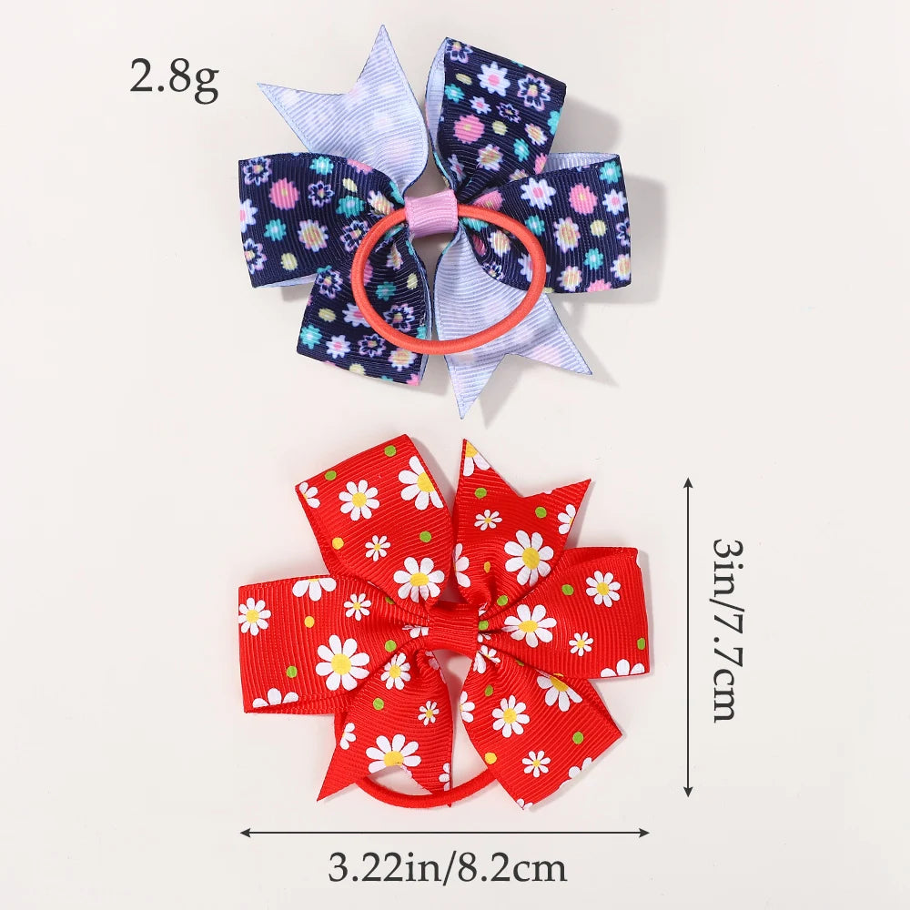 50Pcs Random 3inch flower bowknot hair rope for girls fresh printing head ties toddler cute ponytail hair band set