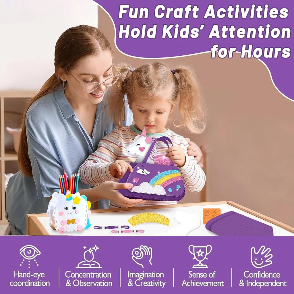 Art Craft Supplies, Learn to Sew Embroidery Kit for Unicorn Purse Bags Picture Frame Pen Holder, DIY Felt Craft Gifts