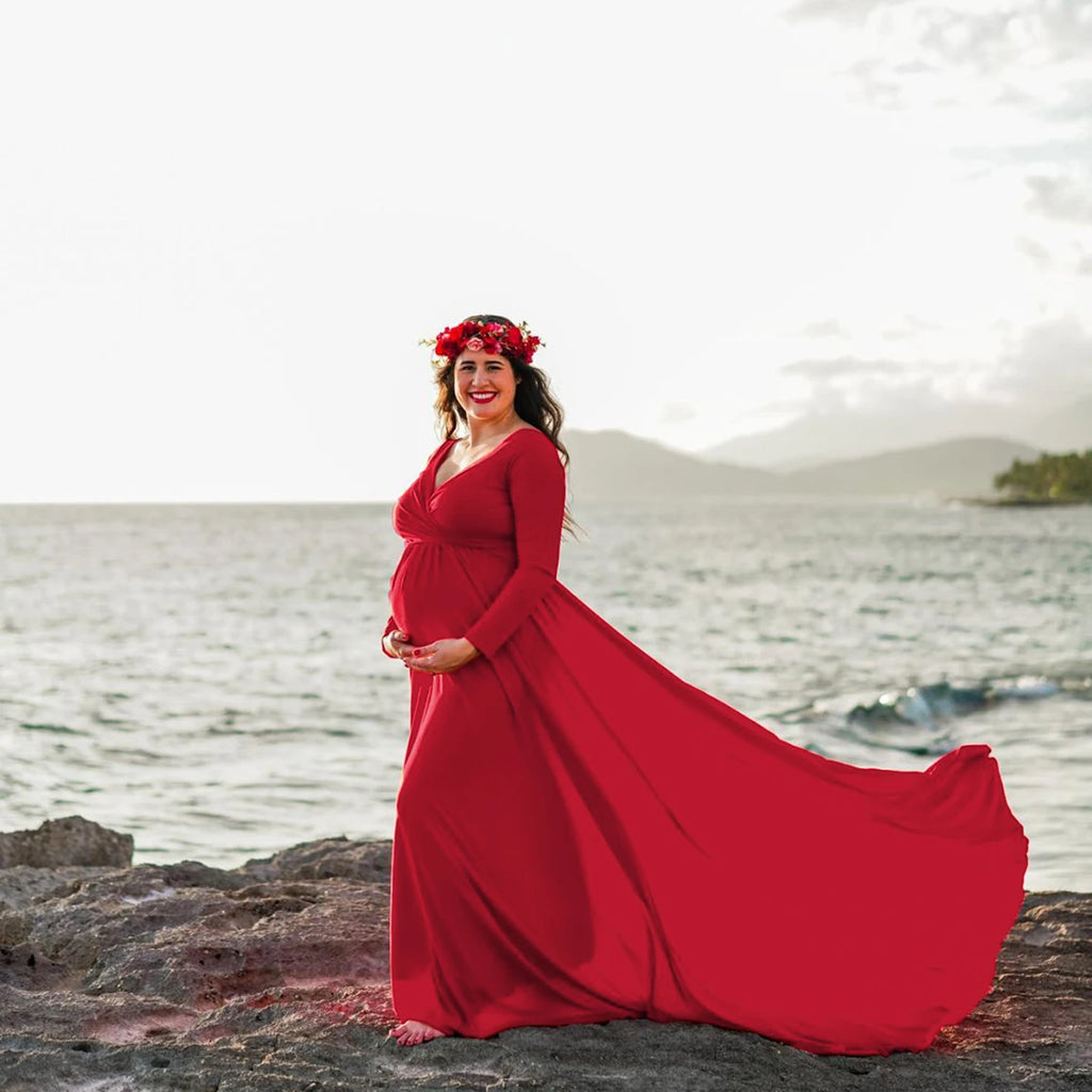 Maternity V-neck Gown Long Sleeve Trailing Maxi Dress Elegant Photo Shoot For Pregnant Women Photography