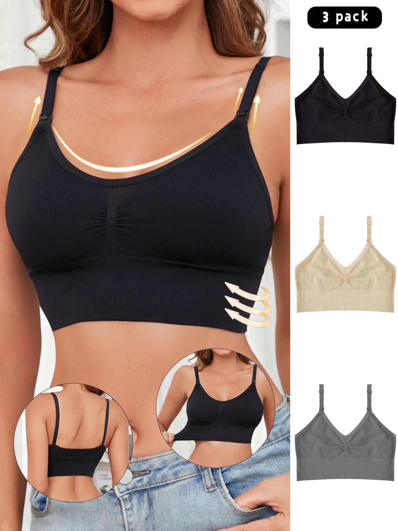 3 Pcs Breathable Front Opening Nursing Bra Seamless Maternity Bra Comfortable Detachable Sponge Mesh Nursing Bra