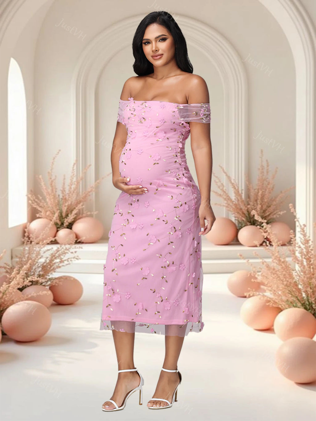 Maternity Off Shoulder Twist Floral Mesh Midi Dress Elegant Wedding Party Pregnant Women Gown for Baby Shower Photoshoot
