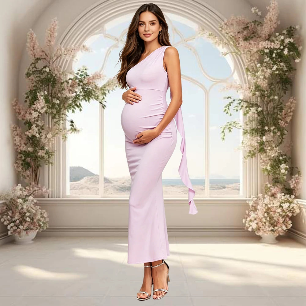 Maternity One Shoulder Ruffle Drape Baby Shower Dress Elegant Fitted Party Long Gown for Photoshoot