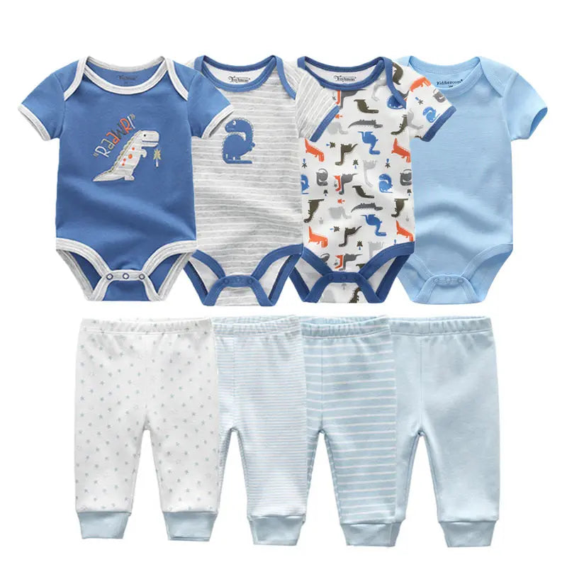 8-Piece Cartoon Baby Bodysuits and Pants Cotton Newborn Unisex Short Sleeve Onesies Trousers 0-12 Months