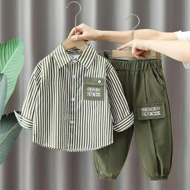 New Spring Autumn Boys Clothing Sets Long Sleeve Striped Letter Label Shirt + Pants 2Pcs Suit For 2-8 Years Kids Casual Outfits