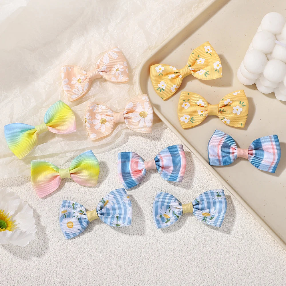50PCS Random Colorful Lovely Hair Bows Hairgripes Sweet Daisy Printing Hair Clips Kids Boutique Barrette