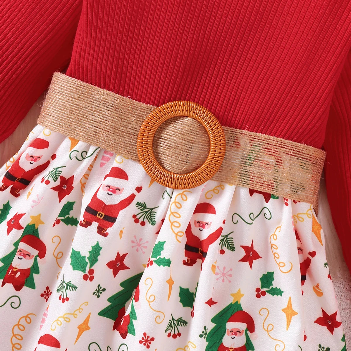 Girls' Christmas Dress Round Neck Santa Claus Printed Long Sleeve Dress+Belt 2Pcs/Set New Year's Clothing for Girls 1-7 Years