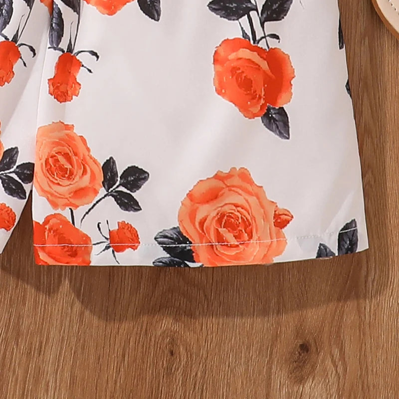 Kids Clothing Sets Tween Girls Outfit Orange Knot-Hem Crop-Top & Flowers Parinted Shorts 2PCS Summer Vacation Sets