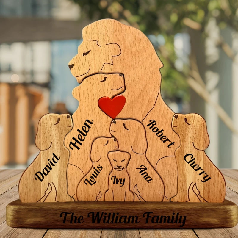 Personalized Wooden Lion Family Puzzle Ornament – Custom Name Family Christmas Decoration