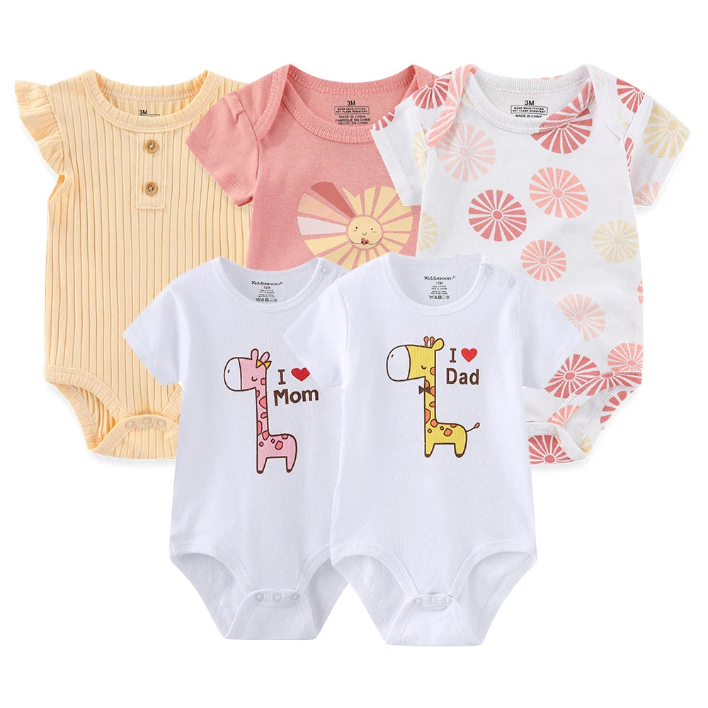 I Love Papa Mama Cartoon Baby Bodysuits 5-Pack Unisex Short Sleeve Onesies 0-12 Months