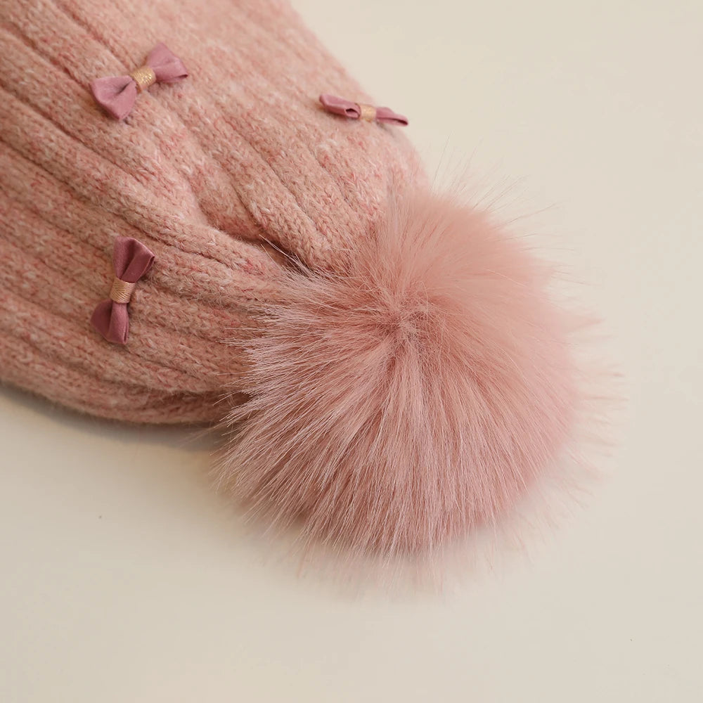 Princess Children Winter Hat for Girls Pompom Bows Kids Bonnet Hat Warm Ears Thicken Children Girl Cap Faux Fur Ball 2-6Y