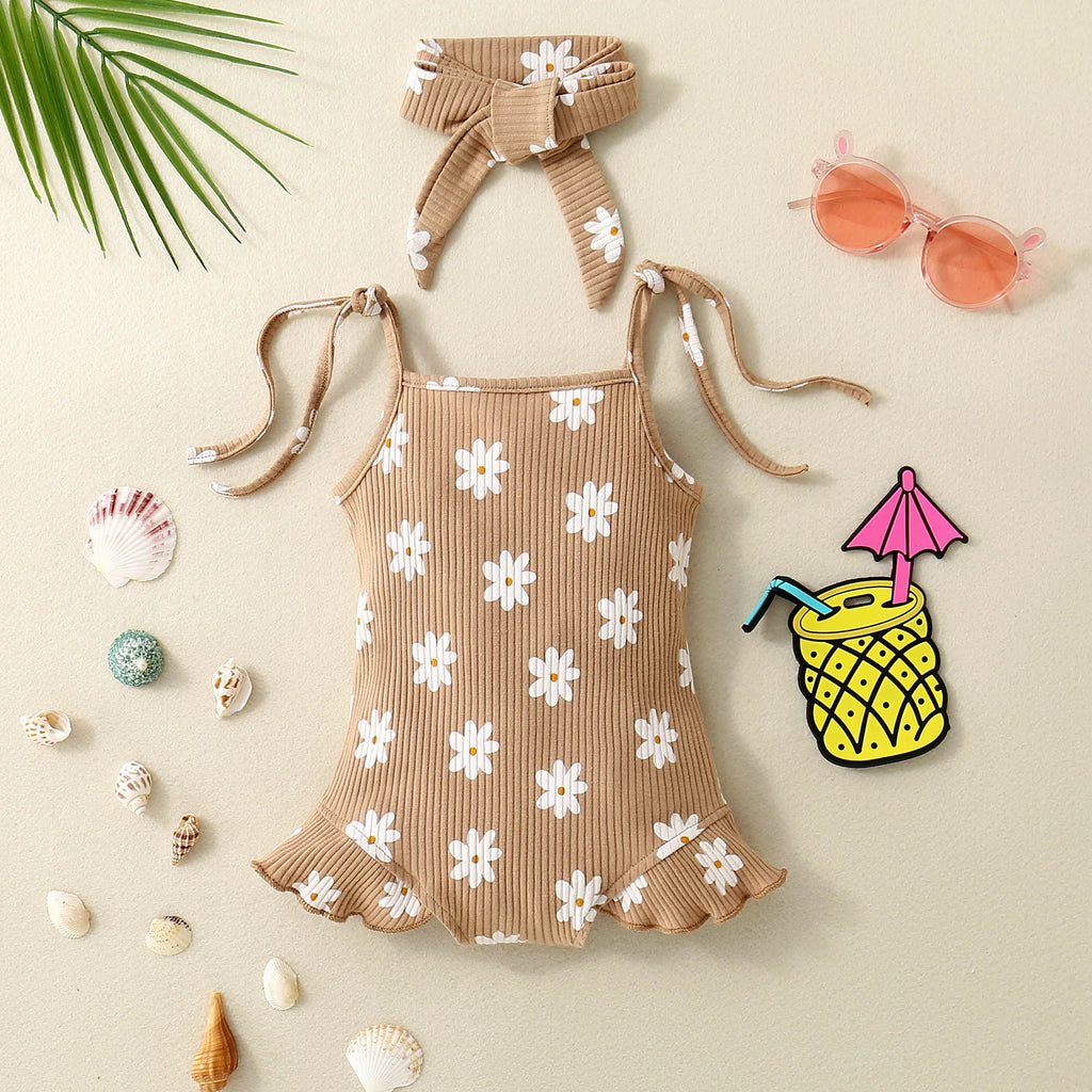 2PCS Summer Girl Crawling clothes Short Sleeve Cotton Short Sleeve  Round Necked Striped Clothes with Flower Printing Headband