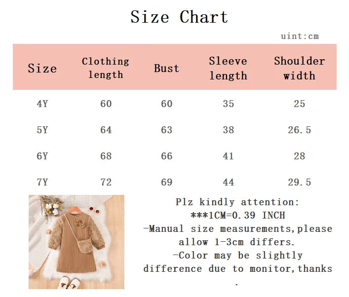 Kid Girls' Dress Brown Long sleeved Splice Fashion Dress+Mini Bag Two-piece Set 4-7 Year old girls' Autumn and Winter Dress