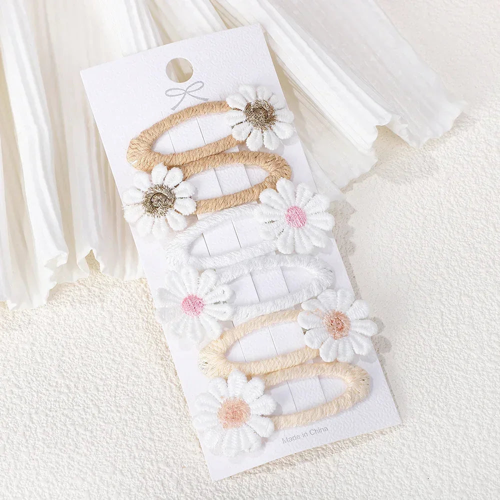 6PCS Cute Daisy Flower Hair Clips Bangs Hairpins for Kids Lace White Barette Princess Hairgripes Children Hair Accessories