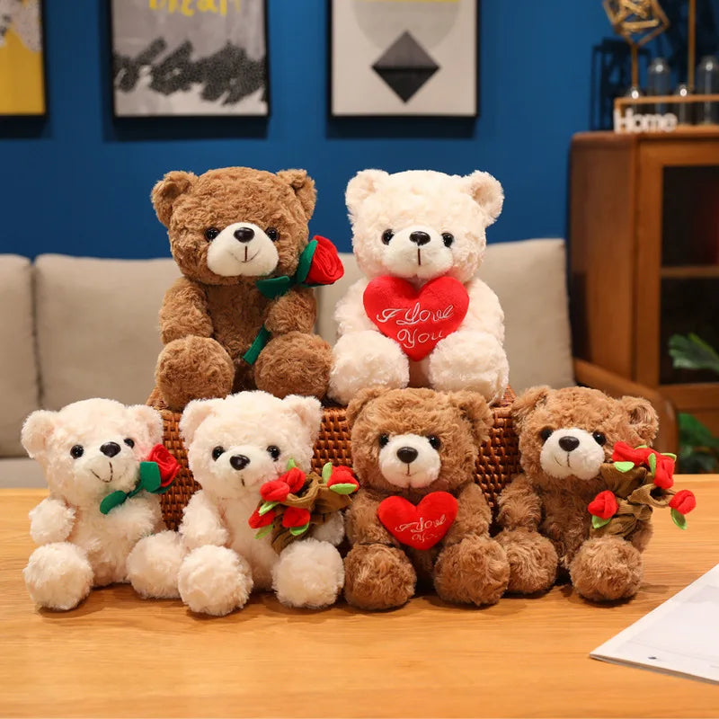 Wholesale Creative 16/25CM Bear Plush Toy Red Heart Romantic Rose Doll Soft Handmade Holding Flowers Bear Doll Home Decoration