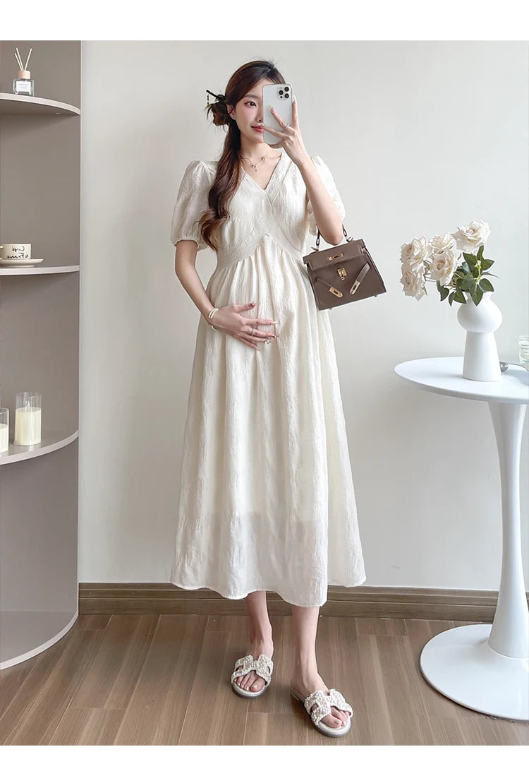 French Style Summer Maternity Pleated Dress High Waist V-neck Short Sleeve Pregnant Woman Elegant Dress Pregnancy Clothes Loose