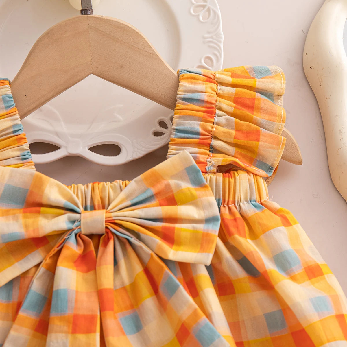 Korean Style Toddler Holiday Sets Summer Comfortable Cotton Orange Bow Plaid Suspender Tops And Breathable Baby Girl Shorts