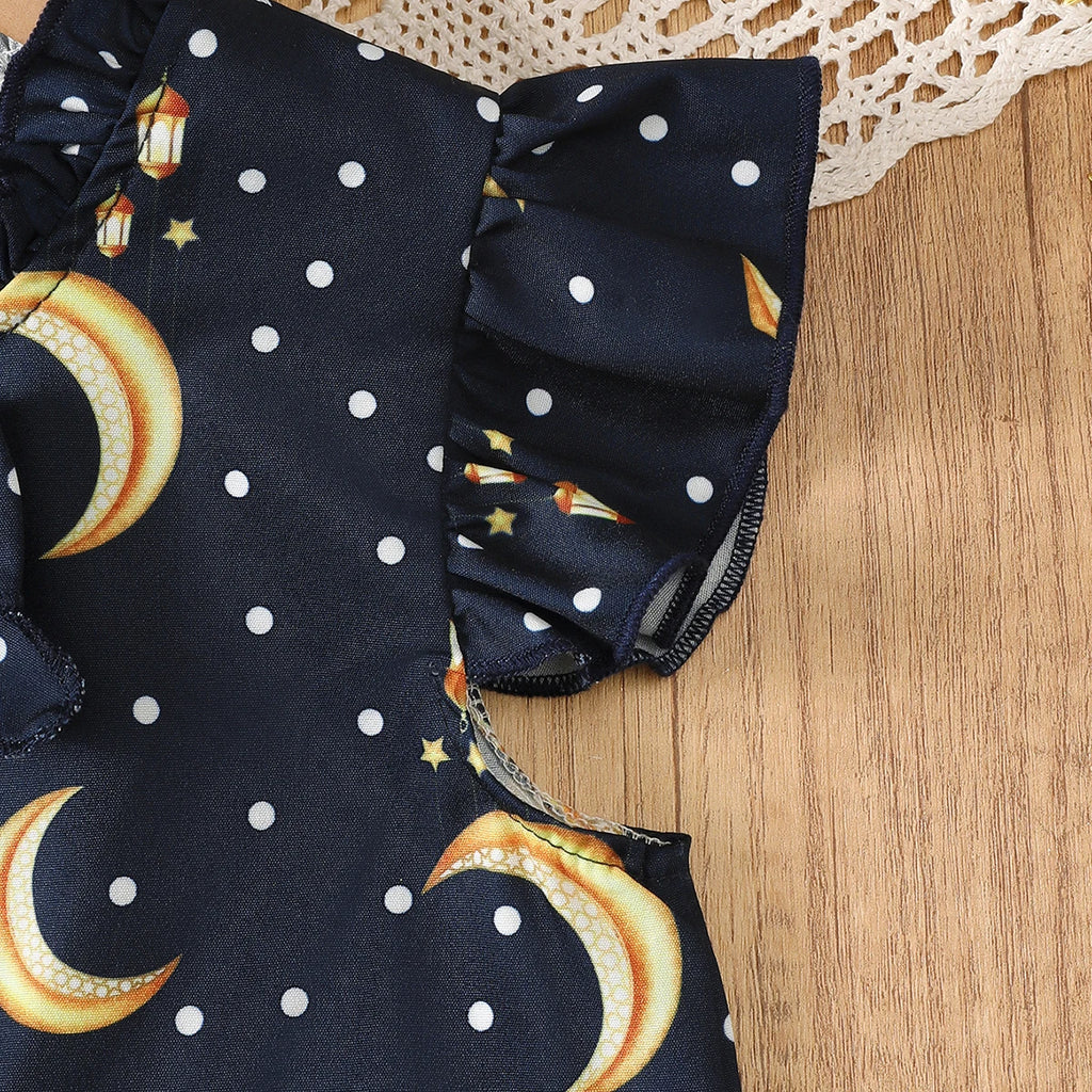 3Pcs Ramadan Girls' Set Small Stand Collar Moon Printed Top+Pants+Belt Set Suitable for 2-7-year-old Child Girls' Festival Set