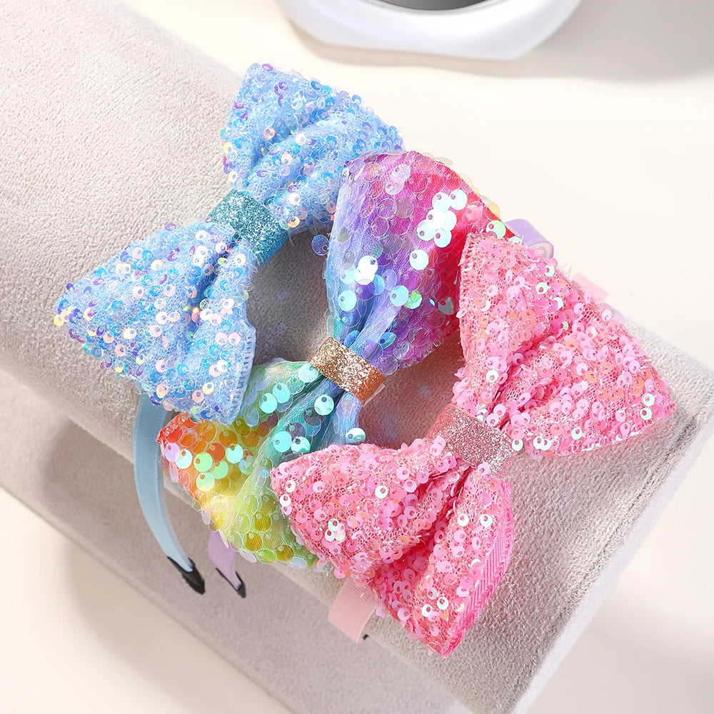 3Pcs Cute Sequin Hair Bows Headbands 3.6'' Glitter Bows Hairbands for Women Girls Children Hairhoops Hair Accessories Gifts