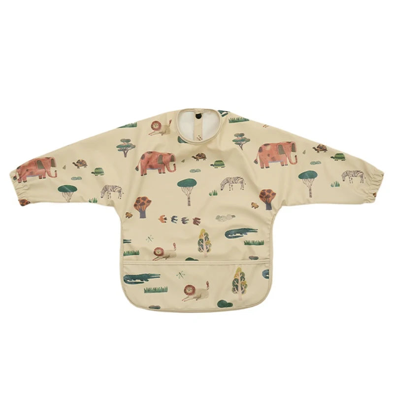 Long Sleeved Baby Feeding Bibs Cartoon Art Smock with Pocket Waterproof Children' Mealtime Dining Apron for Toddlers Boys Girls