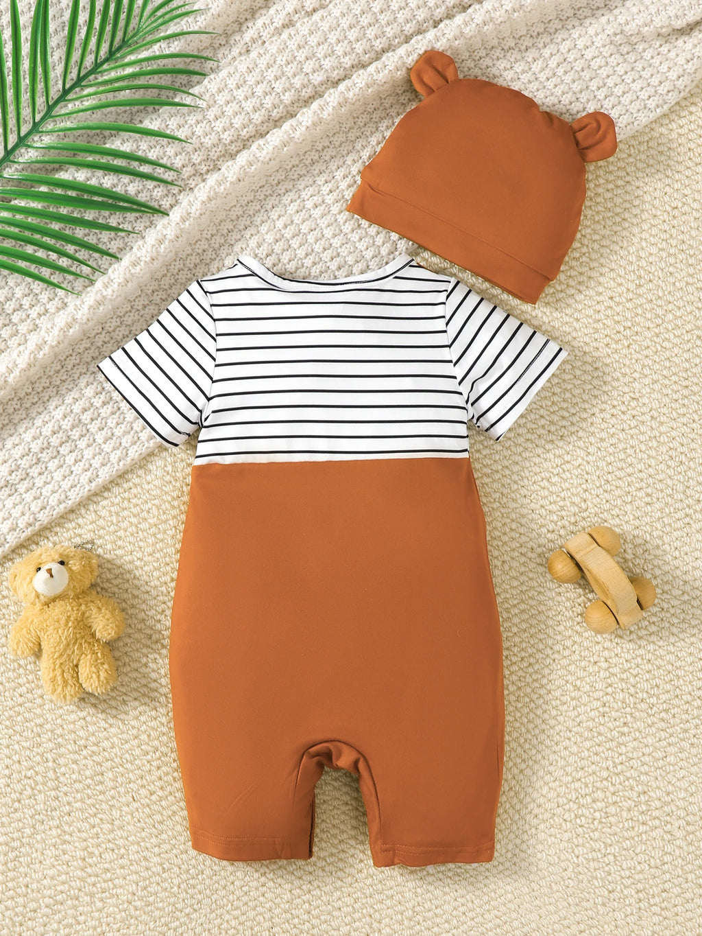 Baby boys Jumpsuit Black White Striped Brown Teddy Bear Short sleeved Jumpsuit+Hat 2Pcsfor 0-24 Months Baby boys Summer Clothing