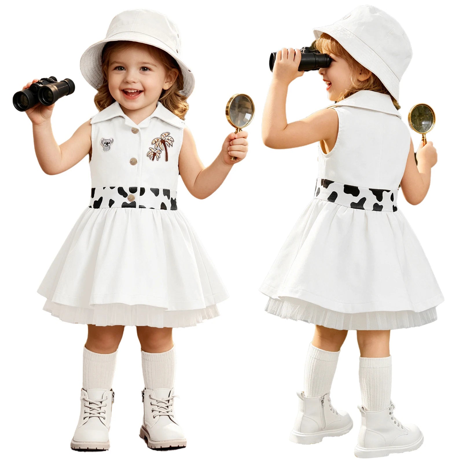 Toddler Baby Girls Zookeeper Suit Sleeveless Cute Animal Embroidery Tulle Dress Birthday Party Cake Smash Zoo Keeper Outfits