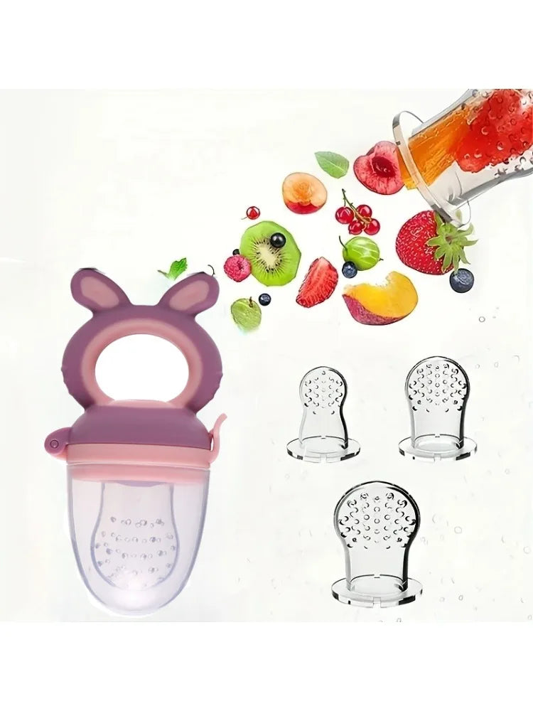 3pcs Silicone Mesh Bags Baby Fruit Feeder with Easy-Handle Ring Feeding Spoon