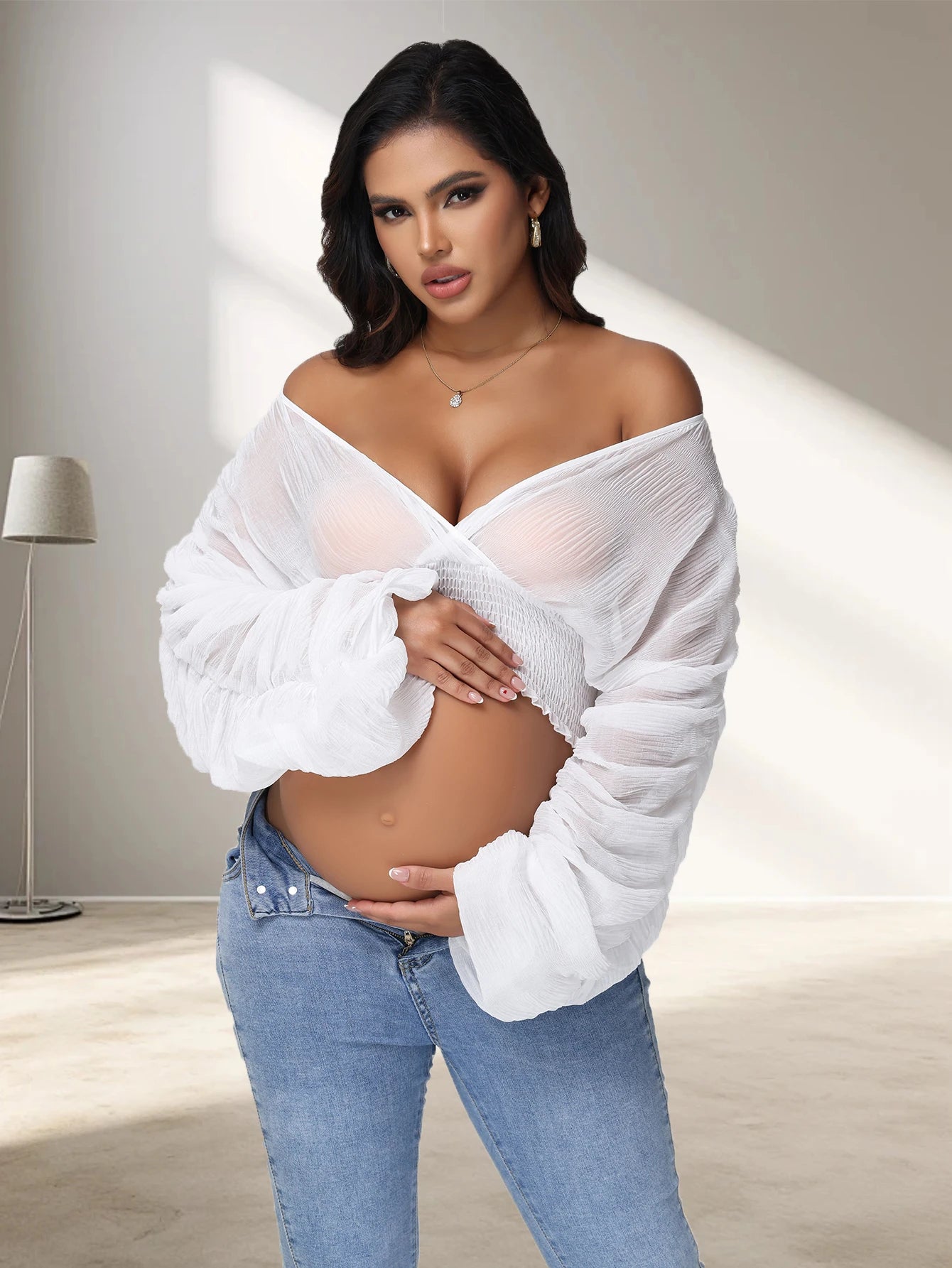 Maternity Sexy Drape Chiffon Blouse Elegant V-Neck Puff Long Sleeves Women Cropped Tops for Baby Shower Party Photoshoot