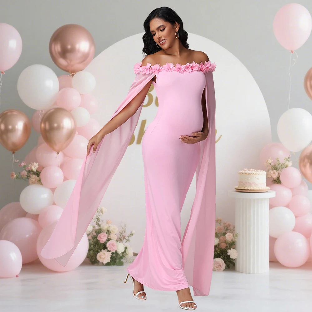 Maternity Floral Off Shoulder Floating Sleeves Dress Elegant Bodycon Maxi Gown for Photoshoot Baby Shower