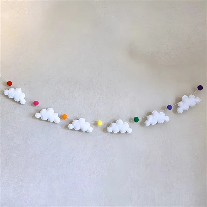 Nordic Felt Cloud and Pompom Garlands String Wall Hanging Decor Kids Room Bed Curtain Hanging Ornaments Party Banner Photo Props