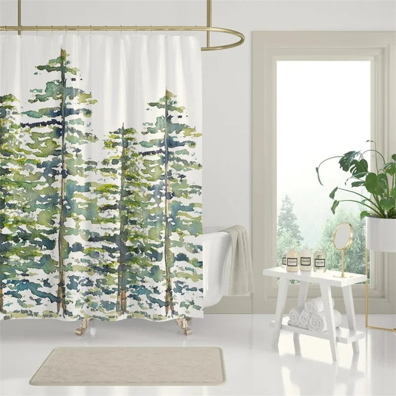 3D Digital Printed Shower Curtain, Thickened Waterproof Bathroom Curtain, Evergreen Tree Pattern Shower Curtain, Abstract Watercolor Tree, Waterproof and Anti-Fog Shower Curtain, No-Drill Set Bathroom Curtain