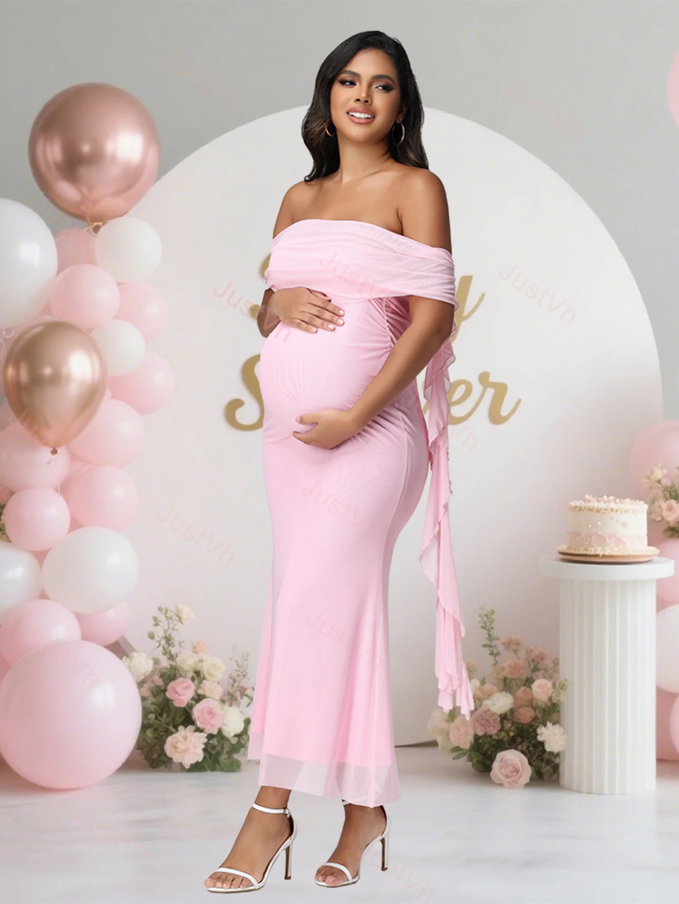 Maternity Mesh Off Shoulder Women‘s Dress for Photoshoot Exquisite Strapless Ruffle Drape Long Gown for Baby Shower