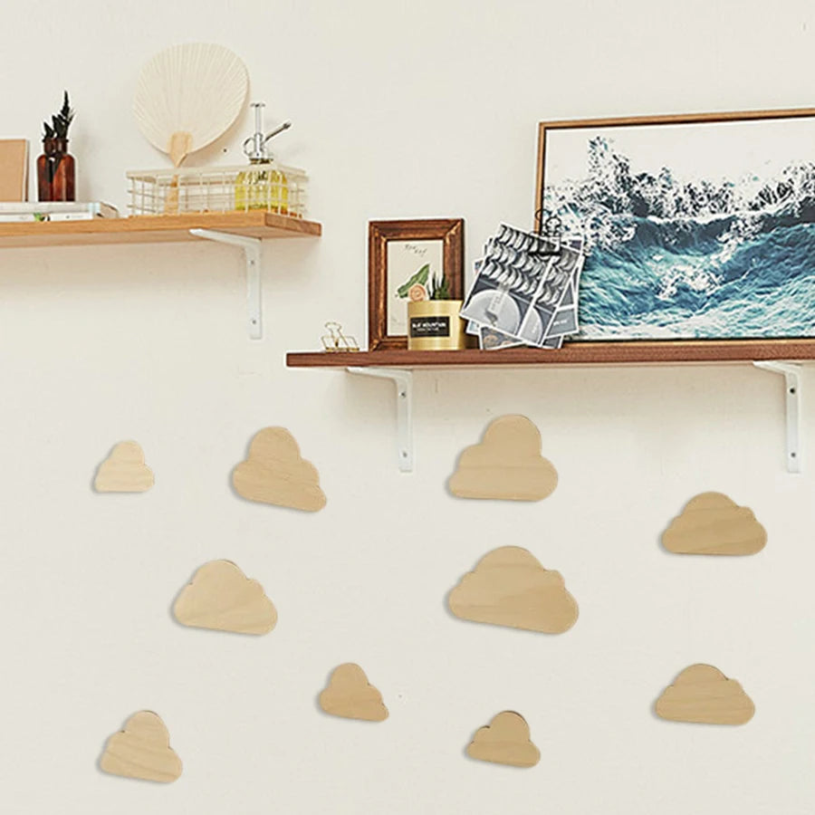 10Pcs/Set Nordic Style Cute Little Cloud Wooden Wall Stickers Decoration - Natural Wood Style Decoration for Home Living Room, Bedroom, Cafe, Homestay Wall Wooden Wall Stickers Decoration - Christmas, New Year, Wedding Decora