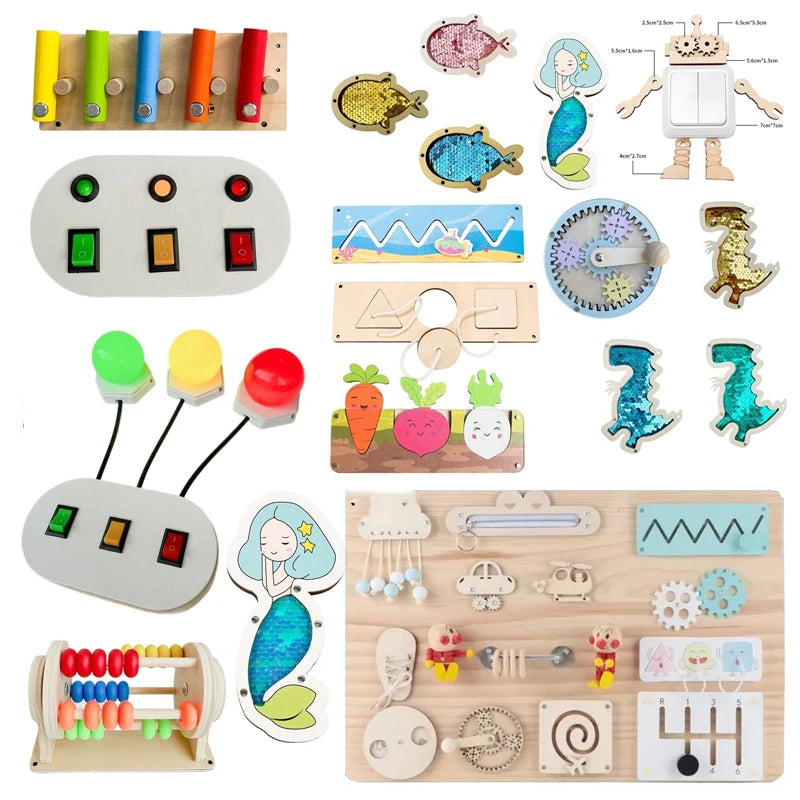 DIY Montessori  Busy Board Accessories Bee Flower Gear Gate Educational Toys LED Lamp Drum Learning Wooden Game Busy Board Toy