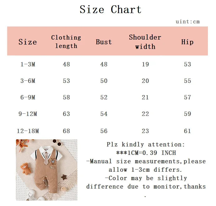 0-18 Months Baby boy Jumpsuit Collar Cartoon Teddy Bear Short Brown Jumpsuit for Birthday Party Little Gentleman Jumpsuit