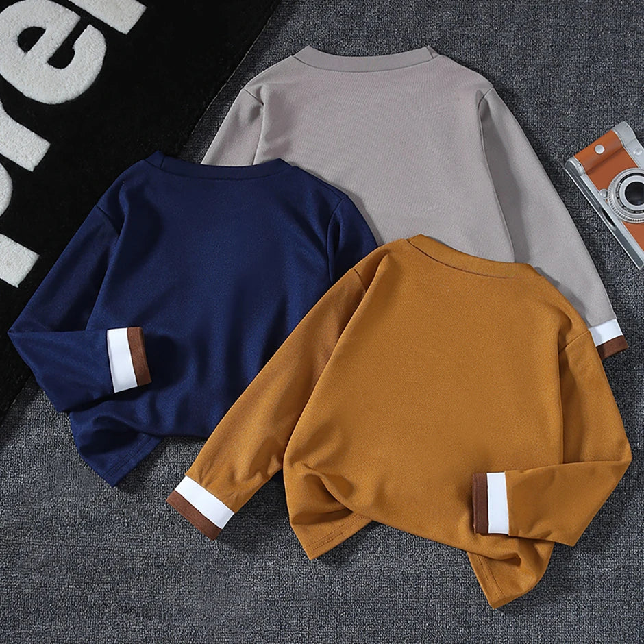 1/3 Piece Autumn And Winter Children's Solid Color Small Logo Fashionable Long Sleeved T-shirt Boys And Girls Round Neck Shirt