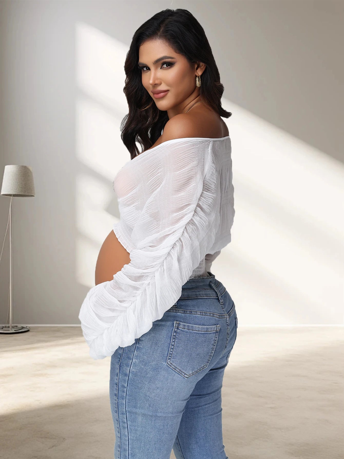Maternity Sexy Drape Chiffon Blouse Elegant V-Neck Puff Long Sleeves Women Cropped Tops for Baby Shower Party Photoshoot