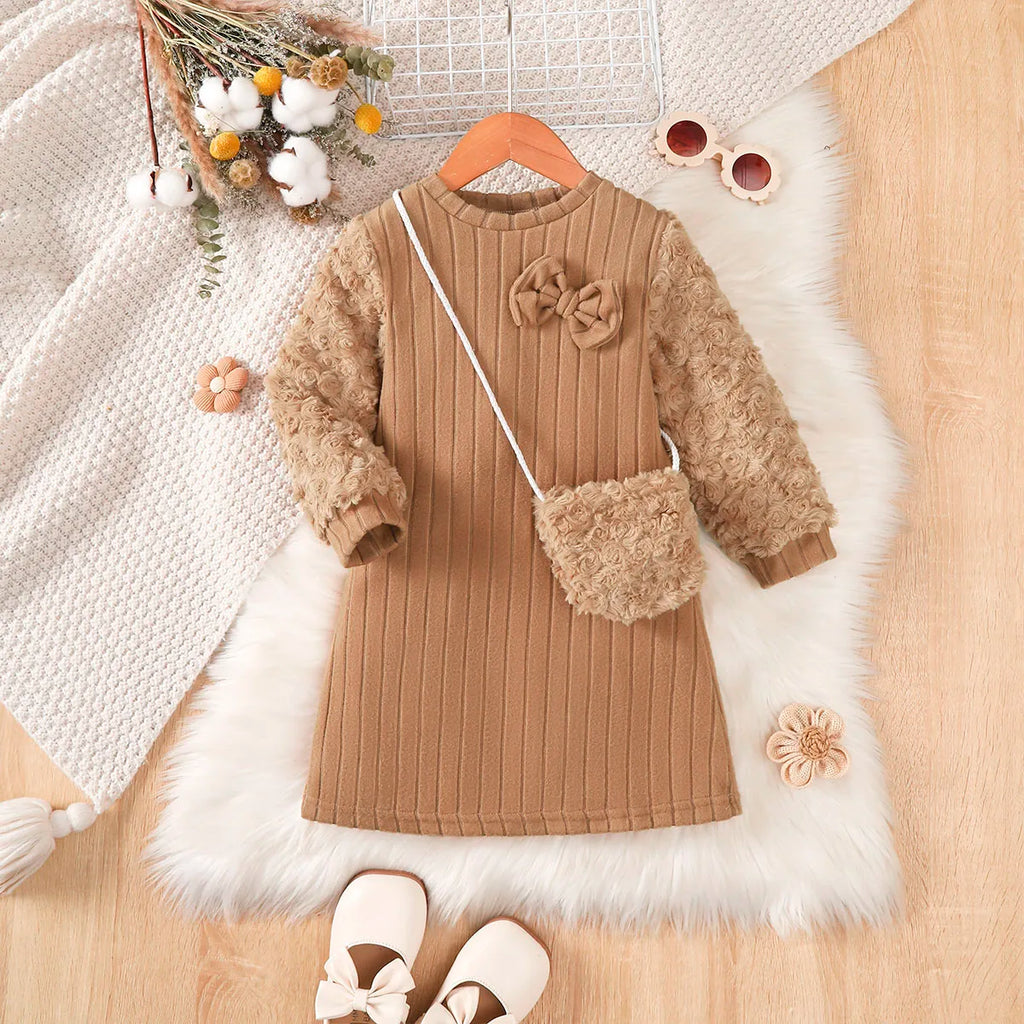 Kid Girls' Dress Brown Long sleeved Splice Fashion Dress+Mini Bag Two-piece Set 4-7 Year old girls' Autumn and Winter Dress